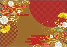 an abstract background with flowers and swirls on the edges in gold, red and white