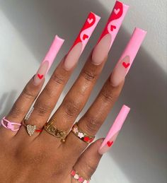 Valentine's Day Nail Design, Valentines Day Nails Acrylic, Ongles Bling Bling, Valentines Day Nails, Red Polish, Liner Brush, Colored Acrylic Nails, Glow Nails