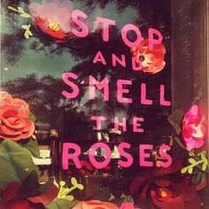 there is a sign that says stop and smell the roses in front of a window