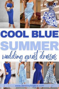 a collage of photos with the words cool blue summer wedding guest dresses on it