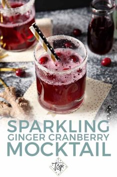 sparkling ginger cranberry mocko cocktail in glasses with straws and garnishes