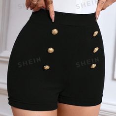 Shein Priv High Waist Button Detail Shorts Size: M In Original Packaging High Waist Black Shorts Outfit, Black Shorts Outfit, Gothic Shorts, King Anime, Shein Shorts, Teen Outfits, Black High Waisted Shorts, Dress Shorts, Demon King