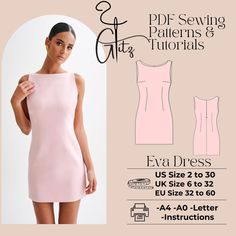 a woman in a pink dress with the text, sewing patterns and instructions on it