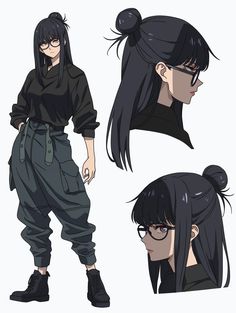 an anime character with long black hair and glasses on her head, in three different poses