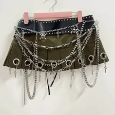 Green Punk Mini Skirt with Silver Chains Diy Mini Skirt, Punk Mini Skirt, Punk Couture, Rave Skirt, Punk Shorts, Chain Skirt, Punk Skirt, Custom Clothing Design, Gothic Skirt