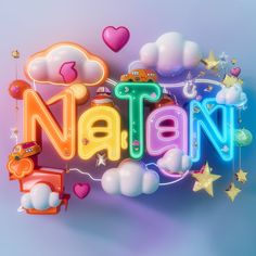 the word natan written in neon letters surrounded by stars and clouds