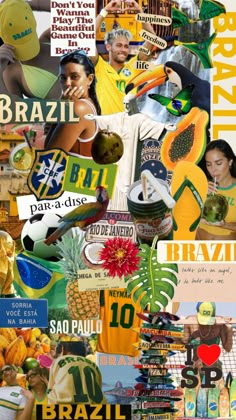 the collage has many different pictures and words on it, including people in sports gear