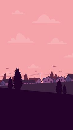 a pink sky with houses and trees in the foreground