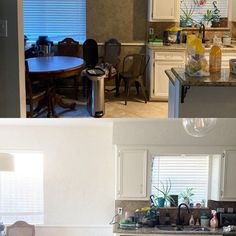 before and after pictures of a kitchen with white cabinets, counter tops, and appliances