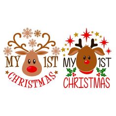 two reindeers with christmas decorations on their heads and the words'my 1st christmas '