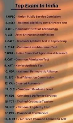 the top exam in india list is shown