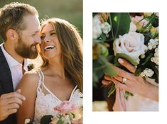 a man and woman are smiling at each other as they hold flowers in their hands