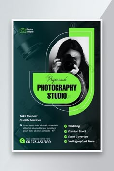 a green and black flyer for photography studio