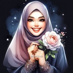 a woman wearing a hijab holding a rose