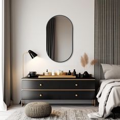 a bedroom with a bed, dresser and mirror on the wall next to a window