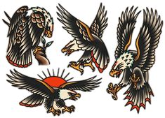 three eagle tattoos with different designs on them