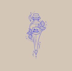 a blue ink drawing of a vase with flowers on it's side and the words hello ferrets written in cursive