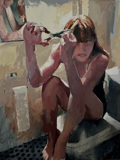 a painting of a woman sitting on a toilet with scissors in her hand and hair combing her hair