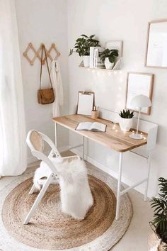 a white chair sitting on top of a rug next to a desk