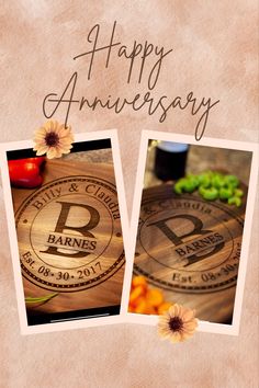 happy anniversary card with two pictures of food and flowers on the left, and an orange flower on the right