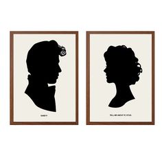 two framed silhouettes of people in profile, one with a hair comb and the other without