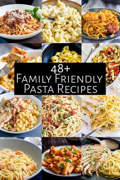 a collage of pasta images with the words family friendly pasta recipes on them in black and white