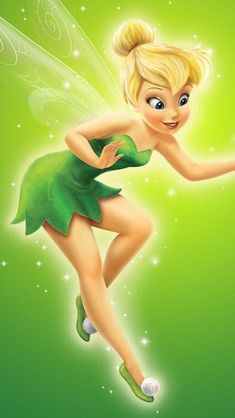 the tinkerbell fairy is flying through the air with her green dress and white shoes