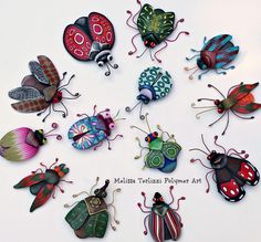 many colorful bugs are arranged in a circle on a white surface with words written below them