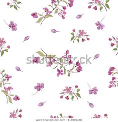 pink flowers and green leaves on a white background seamless wallpaper, fabric ornament