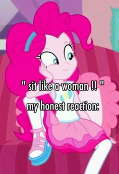 a pinkie pony sitting on top of a bed with the caption, i'm