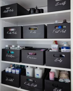 the shelves are filled with different types of storage bins and containers for personal care products