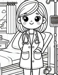 a cartoon girl with a stethoscope standing in front of a hospital bed