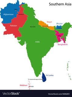 the detailed map of south asia with all states and their respective cities on white background