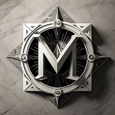 a black and white photo of a clock with the letter m on it