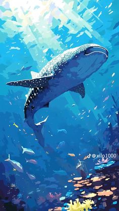 a painting of a whale swimming in the ocean with many small fish around it's neck