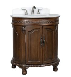 a wooden sink cabinet with two sinks