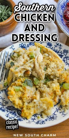 southern chicken and dressing on a plate with a fork next to the casserole