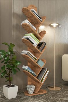 a bookshelf made out of wooden planks in the corner of a room