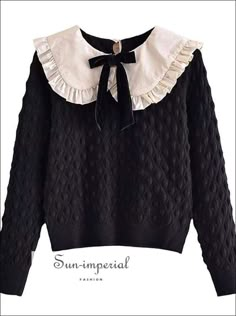 Women Black with White Lace Peter Pan Collar and Bow Tie Knot Knit Sweater Long Sleeve Pullover Bohemian Style Sweater Peter Pan Collar, Bow Tie Knot, Patchwork Clothing, Autumn Decoration, Bow Sweater, Black Knit Sweater, Sweater Crop, Retro Mode, Collar Sweater