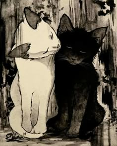 black and white drawing of two cats sitting next to each other