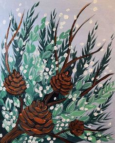 a painting of pine cones and berries on a branch