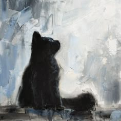 a painting of a black cat sitting in front of a white and gray background with blue accents