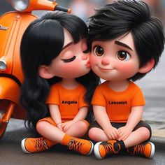 two dolls are sitting on the ground next to a scooter and one is kissing