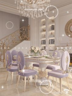 an elegant dining room with chandelier and purple chairs in front of the fireplace