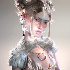 a digital painting of a woman with long hair and earrings on her head, wearing a silver dress