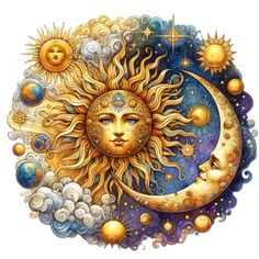 the sun and moon are depicted in this artistic painting, which is done by an artist