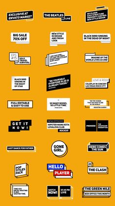 a bunch of different types of stickers on a yellow background with black and white lettering