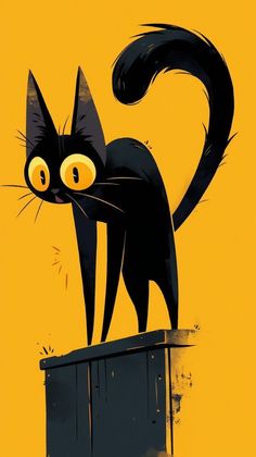 a black cat standing on top of a wooden fence next to a yellow wall and looking at the camera