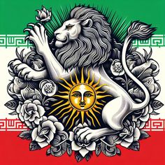 a drawing of a lion holding a sun in its paws and surrounded by flowers on a red, green, and white striped background