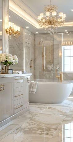 a bathroom with a tub, chandelier and sink